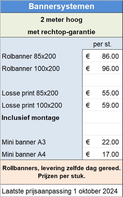 Rollbanners, levering zelfde dag gereed. Prijzen per stuk.
