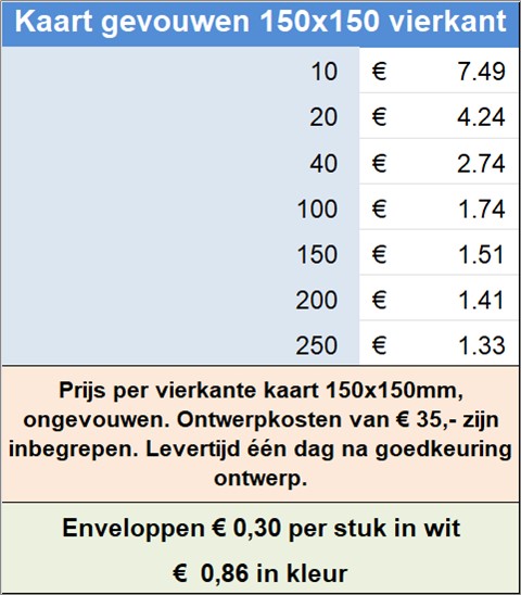 Prijs per vierkante kaart 150x150mm, ongevouwen. Ontwerpkosten van  35,- zijn inbegrepen. Levertijd n dag na goedkeuring ontwerp.
