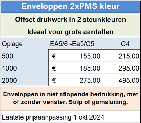 Enveloppen in niet aflopende bedrukking, met of zonder venster. Strip of gomsluiting.
