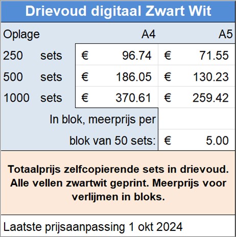 Totaalprijs zelfcopierende sets in drievoud. Alle vellen zwartwit geprint. Meerprijs voor verlijmen in bloks. 
