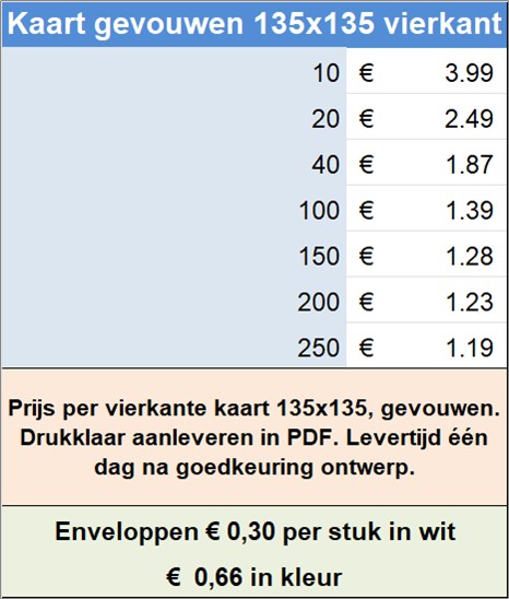 Prijs per vierkante kaart 135x135, gevouwen. Drukklaar aanleveren in PDF. Levertijd n dag na goedkeuring ontwerp.
