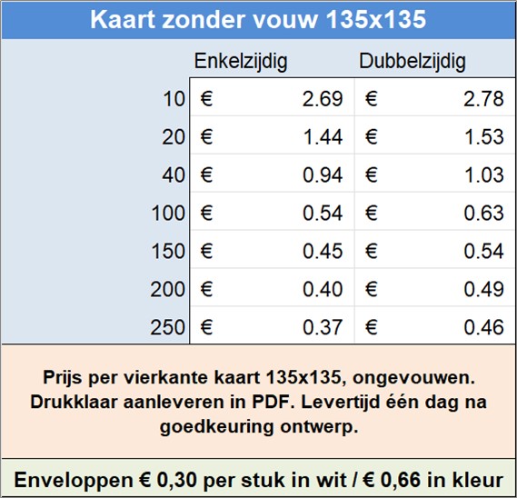 Prijs per vierkante kaart 135x135, ongevouwen. Drukklaar aanleveren in PDF. Levertijd n dag na goedkeuring ontwerp.
