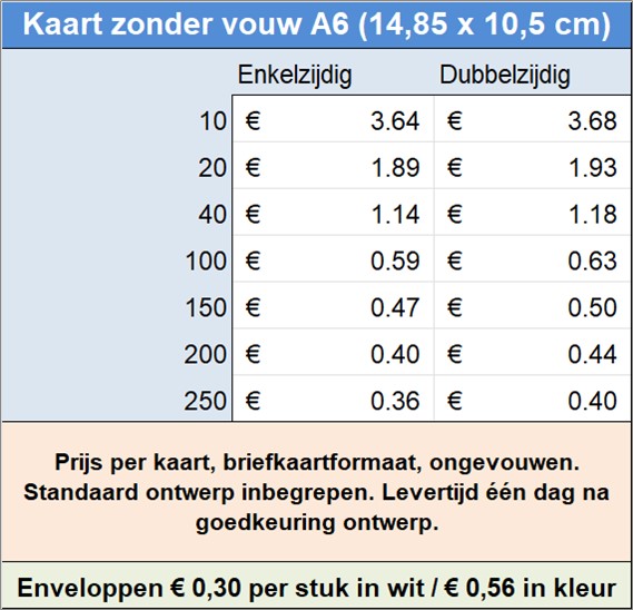 Prijs per kaart, briefkaartformaat, ongevouwen. Standaard ontwerp inbegrepen. Levertijd n dag na goedkeuring ontwerp.
