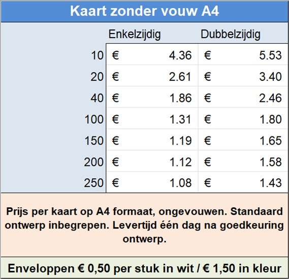 Prijs per kaart op A4 formaat, ongevouwen. Standaard ontwerp inbegrepen. Levertijd n dag na goedkeuring ontwerp.
