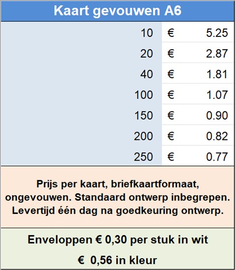 Prijs per kaart, briefkaartformaat, ongevouwen. Standaard ontwerp inbegrepen. Levertijd n dag na goedkeuring ontwerp.
