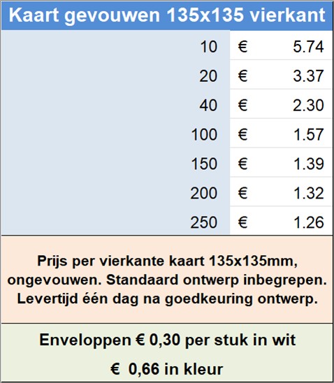 Prijs per vierkante kaart 135x135mm, ongevouwen. Standaard ontwerp inbegrepen. Levertijd n dag na goedkeuring ontwerp.
