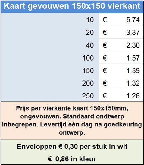 Prijs per vierkante kaart 150x150mm, ongevouwen. Standaard ondtwerp inbegrepen. Levertijd n dag na goedkeuring ontwerp.
