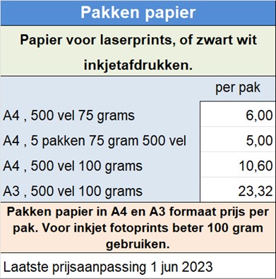 Pakken papier in A4 en A3 formaat prijs per pak. Voor inkjet fotoprints beter 100 gram gebruiken.
