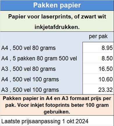 Pakken papier in A4 en A3 formaat prijs per pak. Voor inkjet fotoprints beter 100 gram gebruiken.
