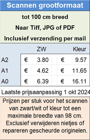 Prijzen per stuk voor het scannen van zwart/wit of kleur tot een maximale breedte van 98 cm. Exclusief verwijderen nietjes of repareren gescheurde originelen.
