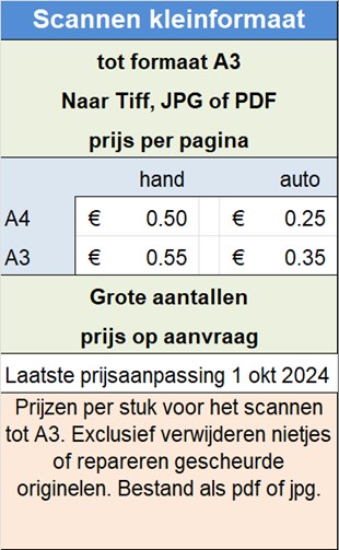 Prijzen per stuk voor het scannen tot A3. Exclusief verwijderen nietjes of repareren gescheurde originelen. Bestand als pdf of jpg.
